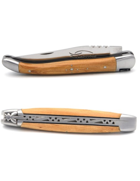 Laguiole pocket knife, 11 cm, forged bee, olive wood handle & black spacer, matt bolsters