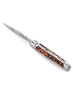 Laguiole pliant, 10 cm, abeille soudée, lame seule,  mitres inox brillant, manche feuille de cuivre en inclusion 2