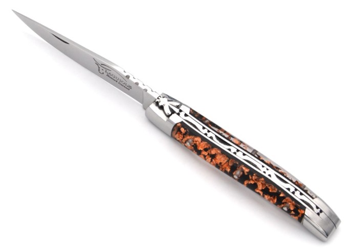 Laguiole pocket knife, 10 cm, welded bee, copper foil inclusion handle with shiny bolsters