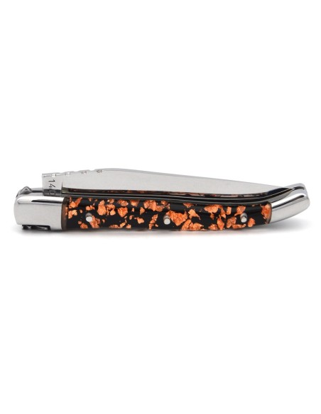 Laguiole pliant, 10 cm, abeille soudée, lame seule,  mitres inox brillant, manche feuille de cuivre en inclusion