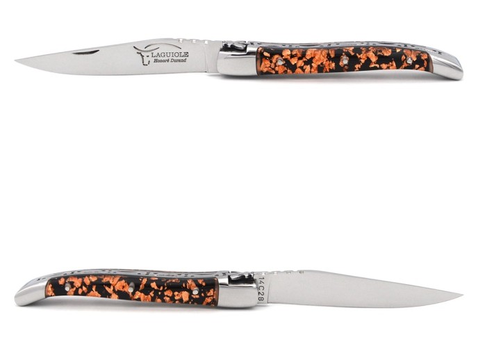 Laguiole pocket knife, 10 cm, welded bee, copper foil inclusion handle with shiny bolsters