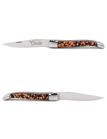 Laguiole Klappmesser, 10cm, Geschweißte Biene, Heftbacken aus glänzendem Edelstahl, Griff aus Kupferfolie in Einschlüssen