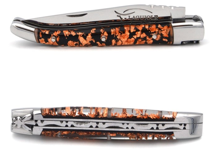 Laguiole pliant, 10 cm, abeille soudée, lame seule,  mitres inox brillant, manche feuille de cuivre en inclusion