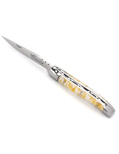 Laguiole Klappmesser, 10cm, Geschweißte Biene, Heftbacken aus glänzendem Edelstahl, Griff aus Blattgold in Einschlüssen 2