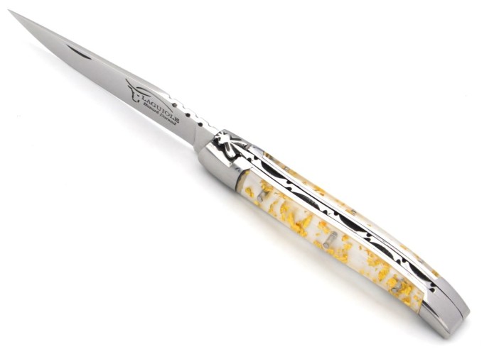Laguiole Klappmesser, 10cm, Geschweißte Biene, Heftbacken aus glänzendem Edelstahl, Griff aus Blattgold in Einschlüssen