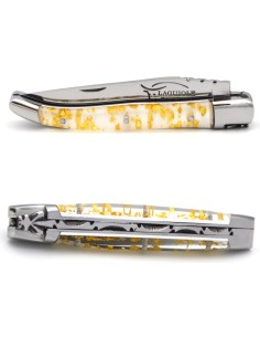 Laguiole pliant, 10 cm, abeille soudée, lame seule,  mitres inox brillant, manche feuille d'or en inclusion