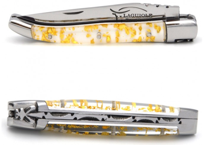 Laguiole pocket knife, 10 cm, forged bee, gold leaf inclusion handle (white background), shiny bolsters