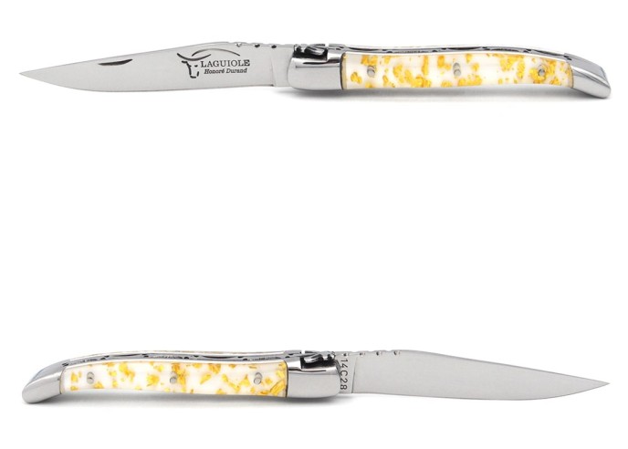 Laguiole pliant, 10 cm, abeille soudée, lame seule,  mitres inox brillant, manche feuille d'or en inclusion