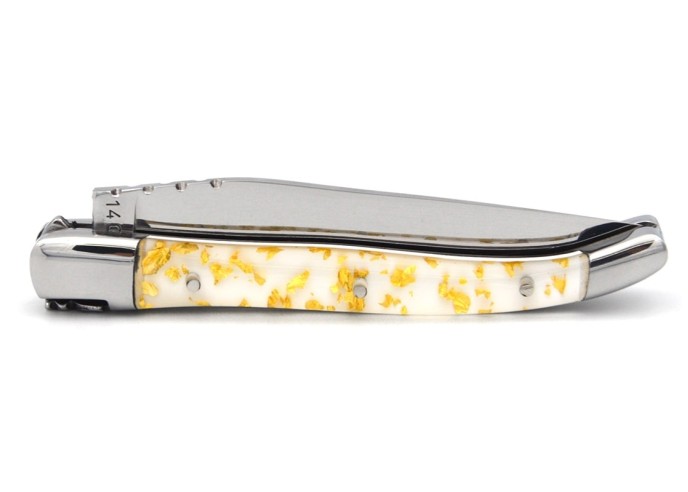 Laguiole pocket knife, 10 cm, welded bee, gold foil inclusion handle with shiny bolsters