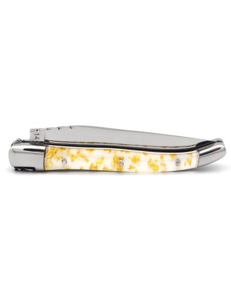 Laguiole pliant, 10 cm, abeille soudée, lame seule,  mitres inox brillant, manche feuille d'or en inclusion
