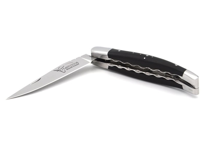 Laguiole 10cm, Doppelplatinen ziseliert, Heftbacken aus glänzendem Edelstahl, Ebenholz