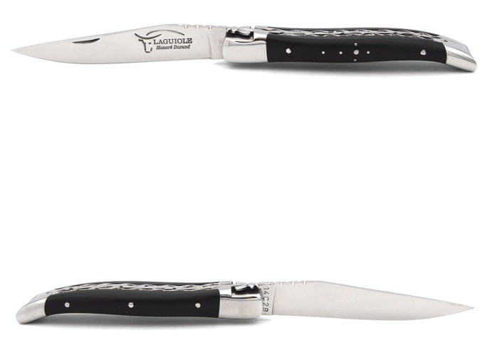 Laguiole 10cm, Doppelplatinen ziseliert, Heftbacken aus glänzendem Edelstahl, Ebenholz