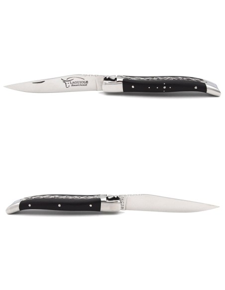 Laguiole pocket knife, 10 cm, chiseled doubles plates, ebony wood handle with shiny bolsters