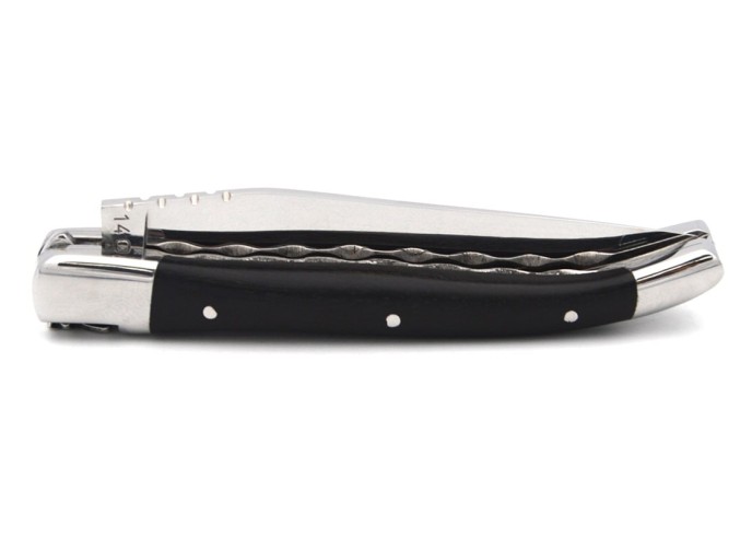 Laguiole pocket knife, 10 cm, chiseled doubles plates, ebony wood handle with shiny bolsters