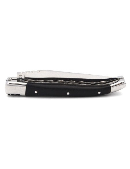 Laguiole pocket knife, 10 cm, chiseled doubles plates, ebony wood handle with shiny bolsters