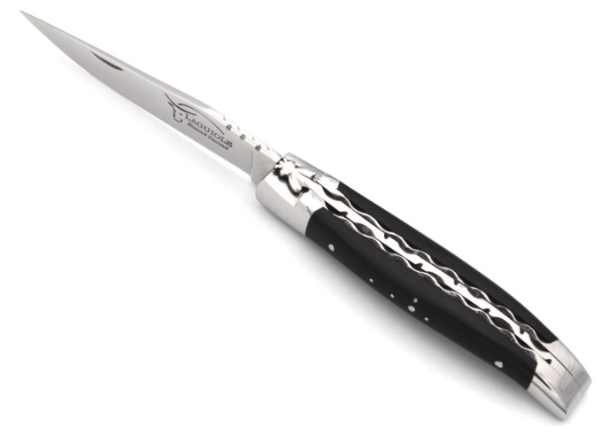 Laguiole 10cm, Doppelplatinen ziseliert, Heftbacken aus glänzendem Edelstahl, Ebenholz