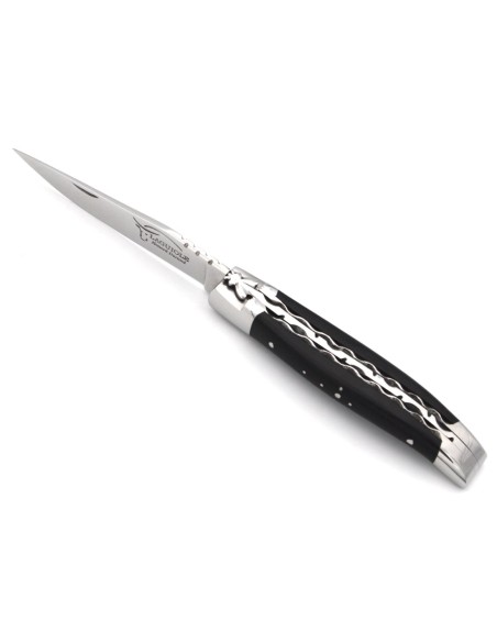 Laguiole 10cm, Doppelplatinen ziseliert, Heftbacken aus glänzendem Edelstahl, Ebenholz