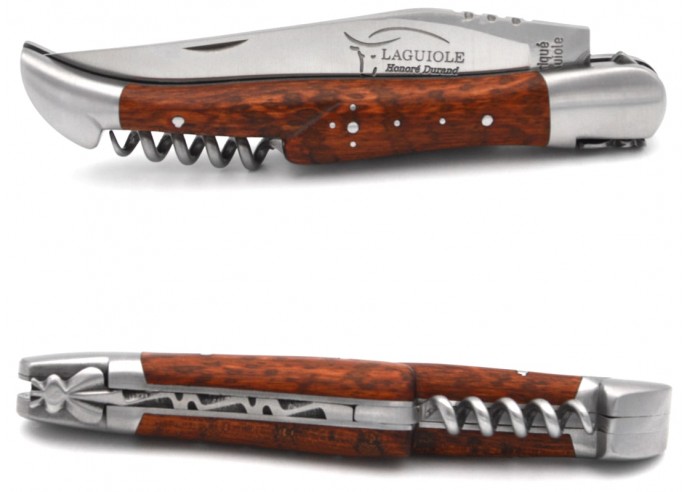 Laguiole pocket knife, 12 cm, blade and corkscrew, snakewood handle with matt bolsters