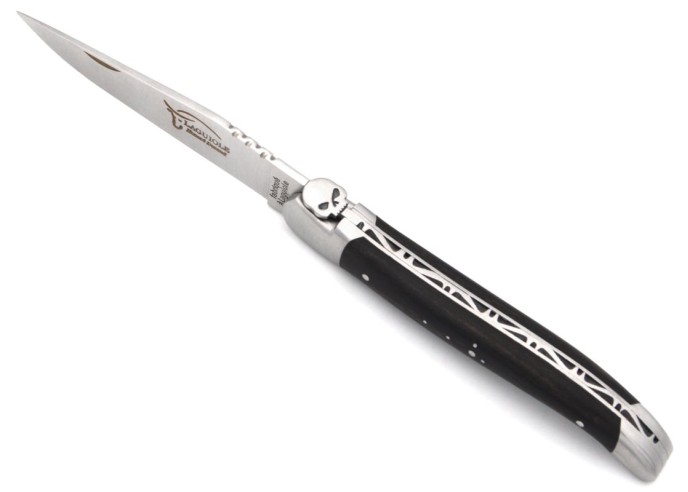 Laguiole knife, 12 cm, bee with a skull motif, ebony handle
