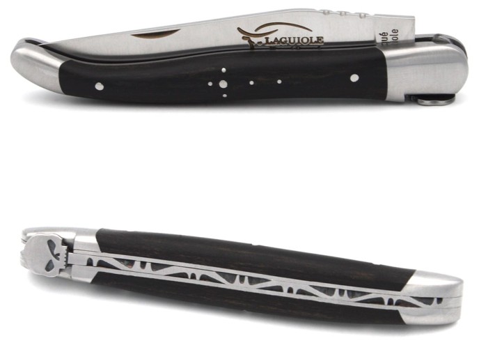 Laguiole knife, 12 cm, bee with a skull motif, ebony handle