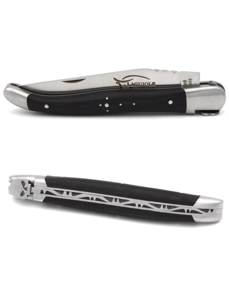 Laguiole knife, 12 cm, bee with a skull motif, ebony handle