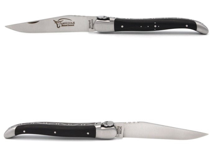 Laguiole tête de mort, 12 cm, manche en ebene et intercalaire rouge