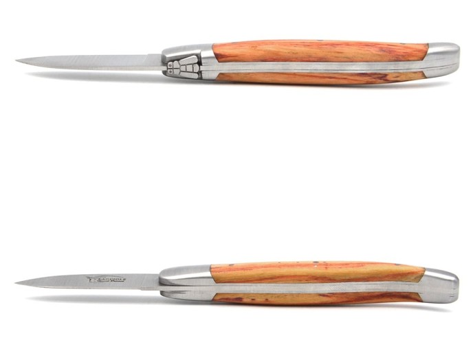 Laguiole oyster knife with matt stainless steel bolsters. Rosewood handle