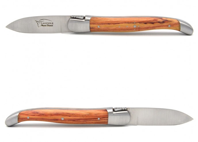 Laguiole oyster knife with matt stainless steel bolsters. Rosewood handle