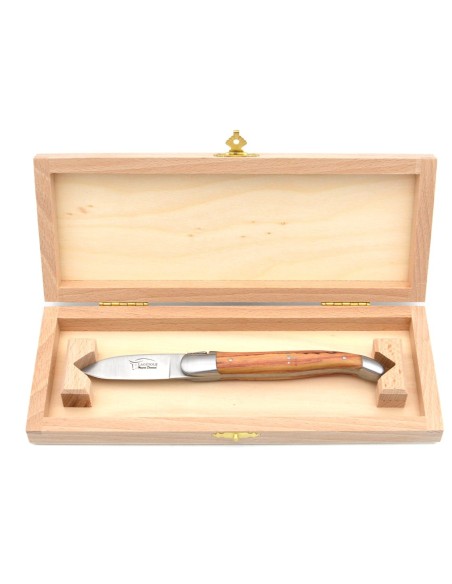 Laguiole oyster knife with matt stainless steel bolsters. Rosewood handle