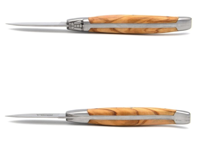 Laguiole oyster knife with matt stainless steel bolsters. Olive wood handle