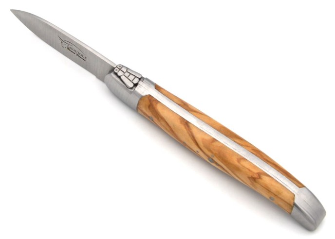 Laguiole oyster knife with matt stainless steel bolsters. Olive wood handle