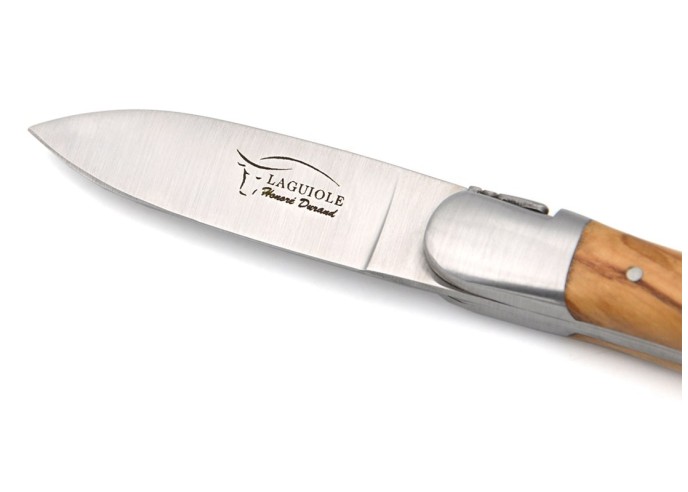 Laguiole oyster knife with matt stainless steel bolsters. Olive wood handle