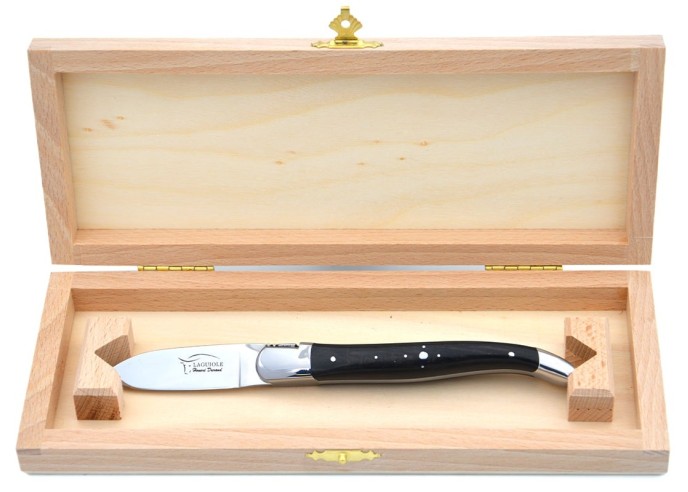 Laguiole Austernmesser, Heftbacken aus glanzendem Edelstahl, Griff aus Ebenholz