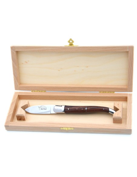 Laguiole oyster knife with shiny stainless steel bolsters. Purple wood handle
