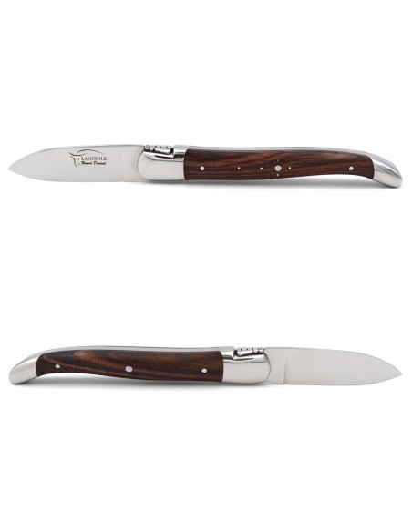 Laguiole oyster knife with shiny stainless steel bolsters. Purple wood handle