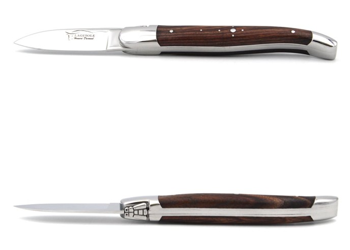 Laguiole oyster knife with shiny stainless steel bolsters. Purple wood handle