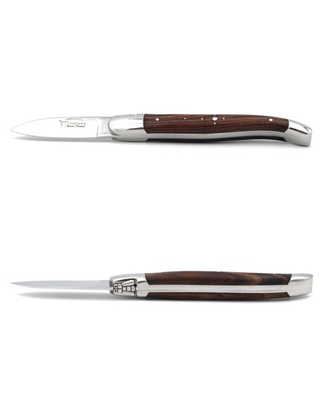 Laguiole oyster knife with shiny stainless steel bolsters. Purple wood handle