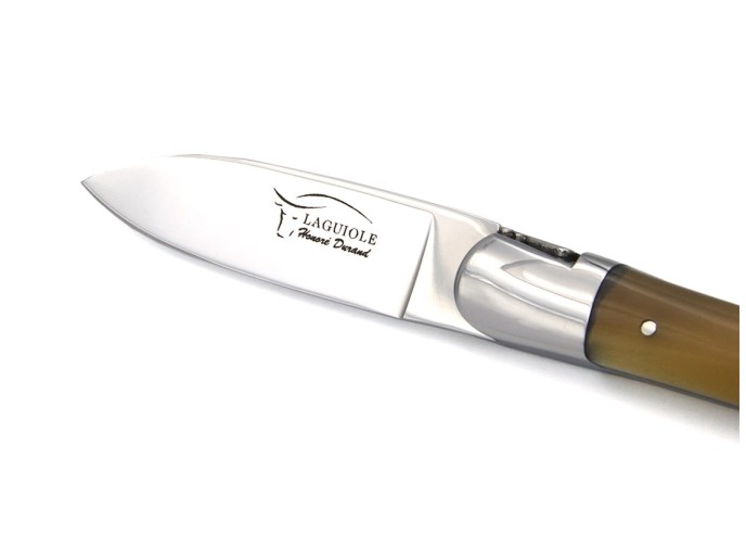 Couteau à huîtres de Laguiole, manche en pointe de corne claire, finition inox brillant