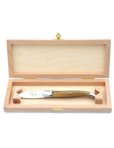 Laguiole oyster knife with shiny stainless steel bolsters. Pale horn tip handle 2