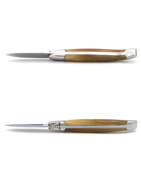 Couteau à huîtres de Laguiole, manche en pointe de corne claire, finition inox brillant
