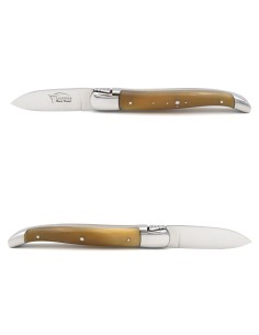 Couteau à huîtres de Laguiole, manche en pointe de corne claire, finition inox brillant