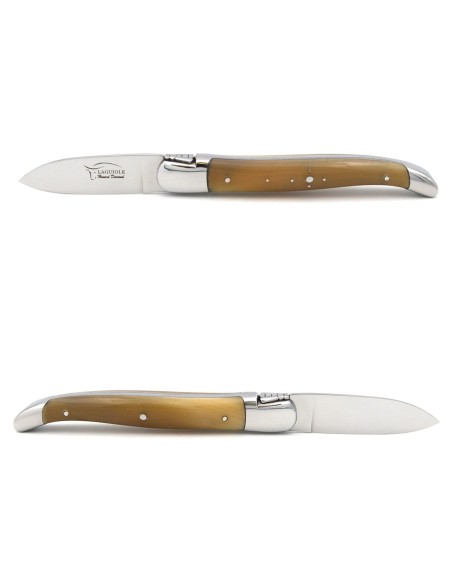 Couteau à huîtres de Laguiole, manche en pointe de corne claire, finition inox brillant