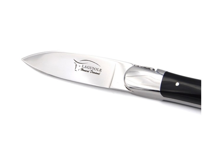 Laguiole Austernmesser, Heftbacken aus glanzendem Edelstahl, Griff aus Hornspitze (dunkel)