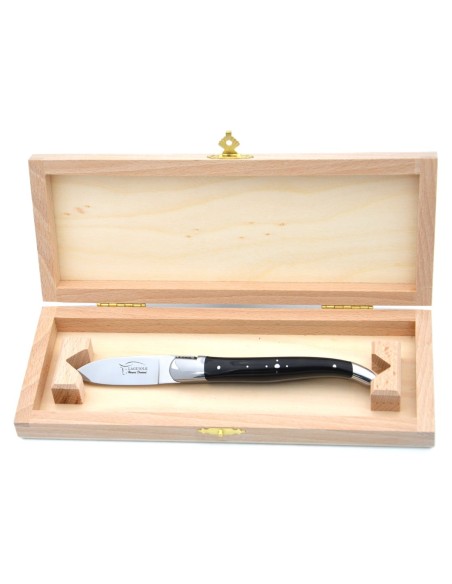Couteau à huîtres de Laguiole, manche en pointe de corne (foncée), finition inox brillant