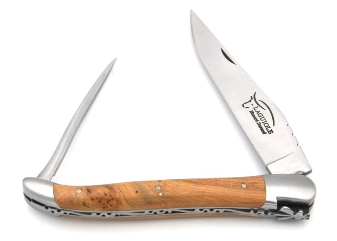 Laguiole Klappmesser, 12cm, Klinge und Dorn, Heftbacken aus mattem Edelstahl, Griff aus Wacholderholz