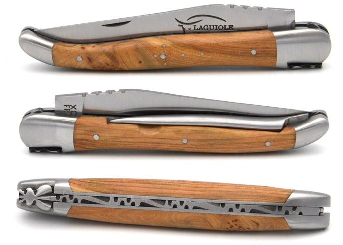 Laguiole Klappmesser, 12cm, Klinge und Dorn, Heftbacken aus mattem Edelstahl, Griff aus Wacholderholz