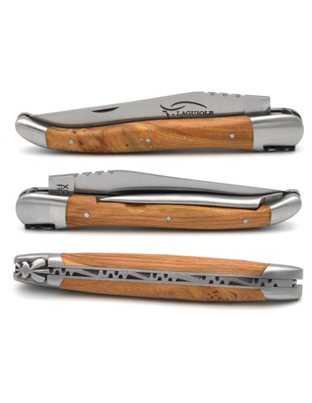 Laguiole pliant 12cm, manche genévrier cade, lame et poinçon