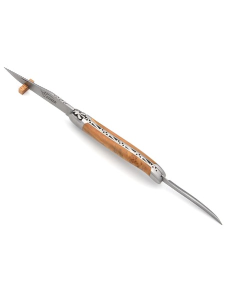 Laguiole Klappmesser, 12cm, Klinge und Dorn, Heftbacken aus mattem Edelstahl, Griff aus Wacholderholz