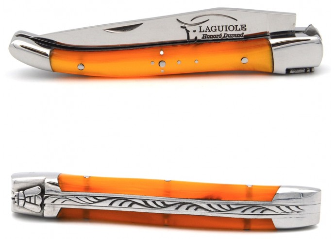 Laguiole pocket knife 10 cm, welded bee, pearly orange acrylic handle with shiny bolsters