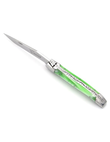 Laguiole pocket knife, 10 cm, welded bee, pearly green acrylic handle with shiny bolsters